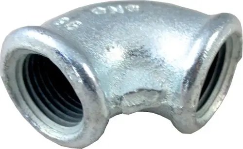 Ein metallischer Fitting mit 90-Grad-Winkel und zwei Innengewinden, hergestellt von Wolf, zur Verbindung von Rohren.